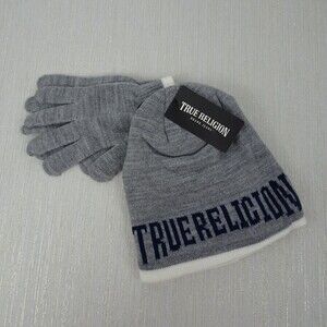 TRUE RELIGION Kid's Beanie & Gloves 2-PC Set Logo Heather Gray Boys Girls Unisex
